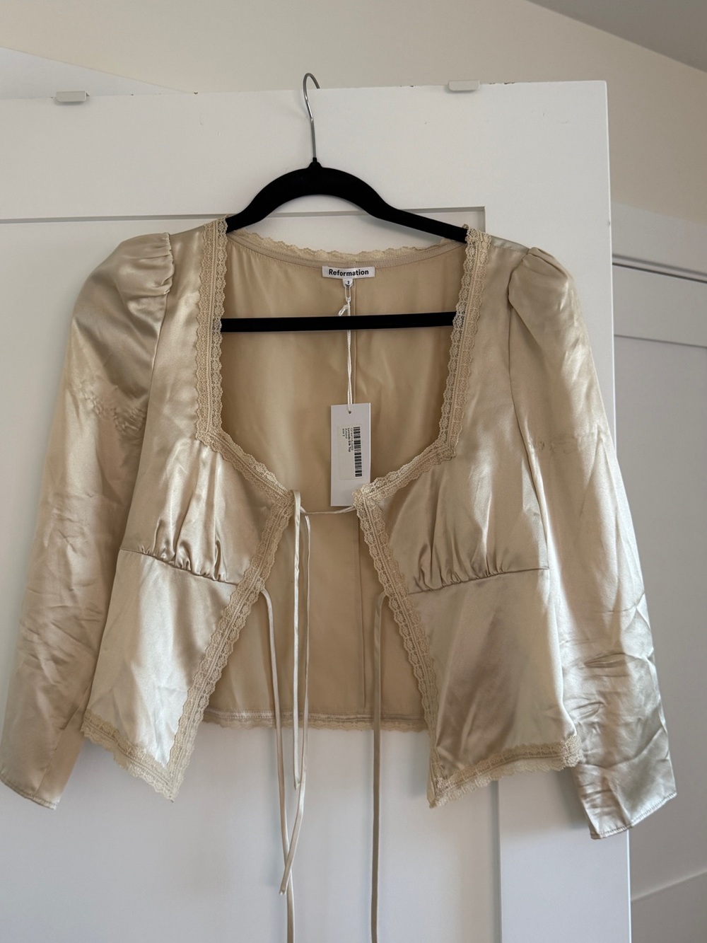 Reformation Cream Satin Lace-Trim Tie-Front Cropped Top